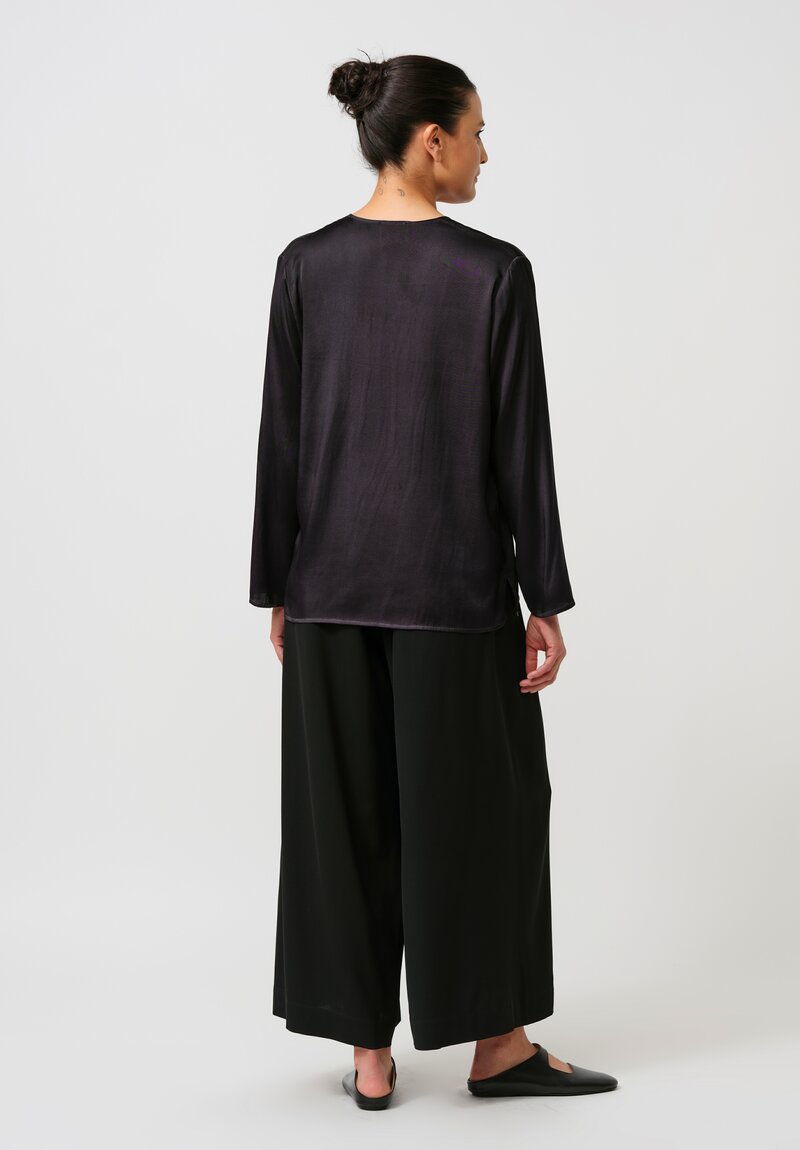 Avant Toi Hand-Painted Silk V-Neck Barchetta Top in Nero Black