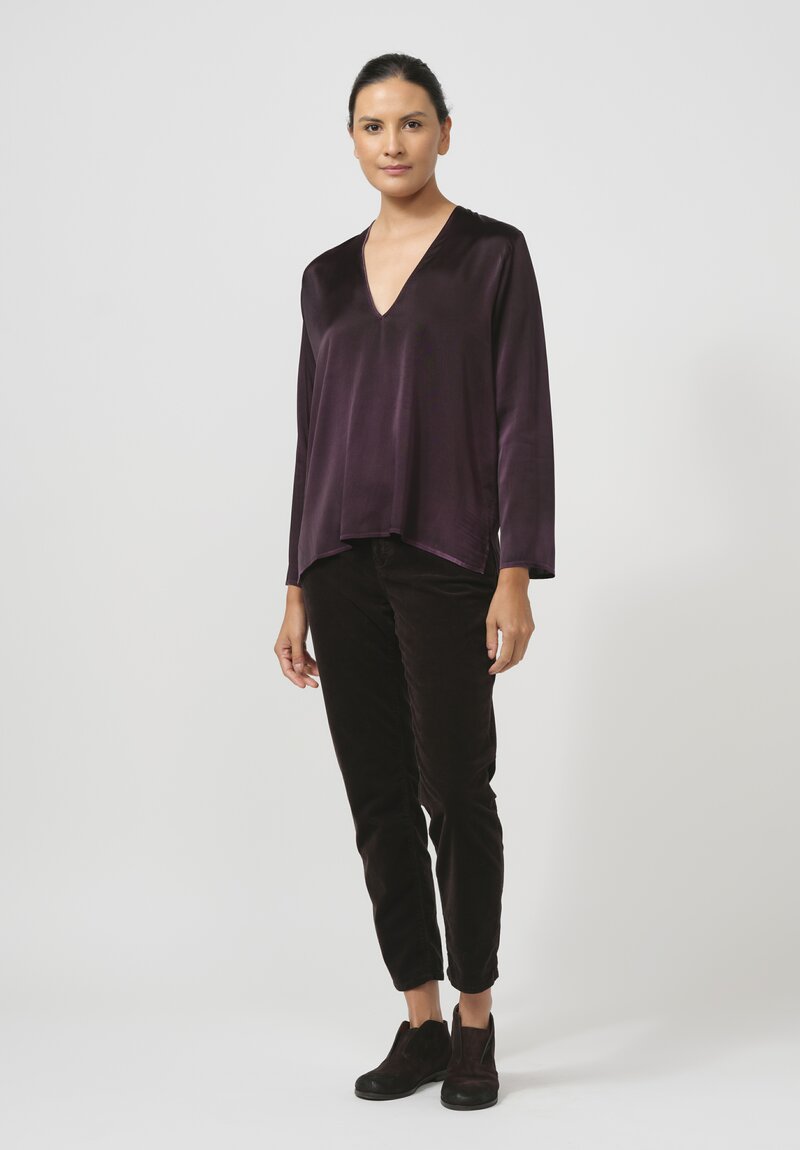 Avant Toi Hand-Painted Silk V-Neck Barchetta Top in Nero Mosto Purple	