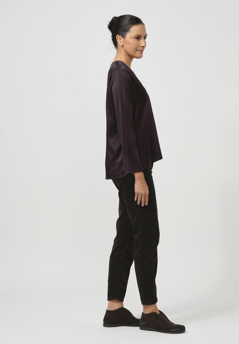 Avant Toi Hand-Painted Silk V-Neck Barchetta Top in Nero Mosto Purple	