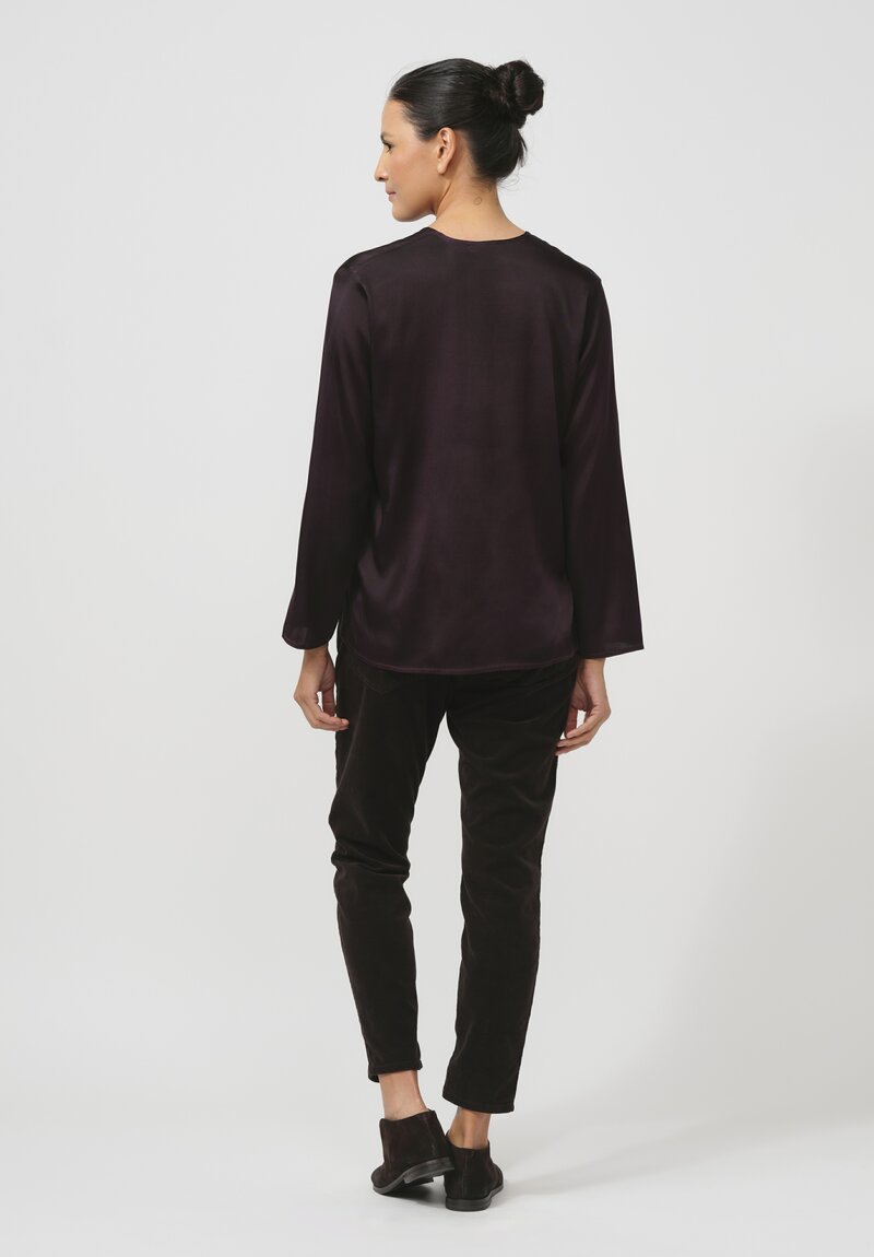 Avant Toi Hand-Painted Silk V-Neck Barchetta Top in Nero Mosto Purple	