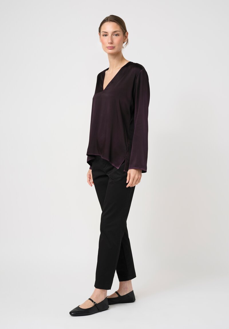 Avant Toi Hand-Painted Silk V-Neck Barchetta Top in Nero Mosto Purple	