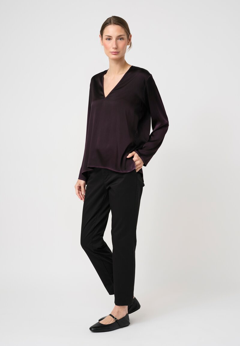 Avant Toi Hand-Painted Silk V-Neck Barchetta Top in Nero Mosto Purple	