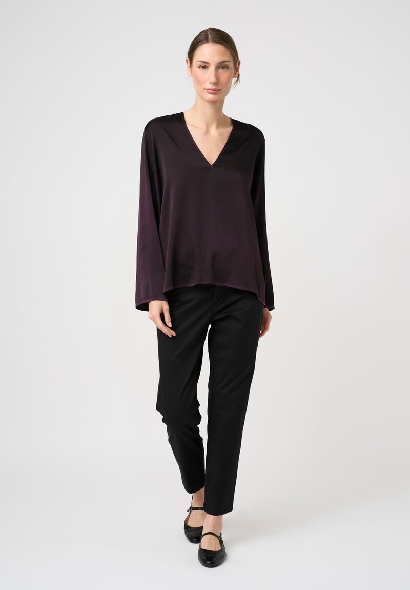 Avant Toi Hand-Painted Silk V-Neck Barchetta Top in Nero Mosto Purple	