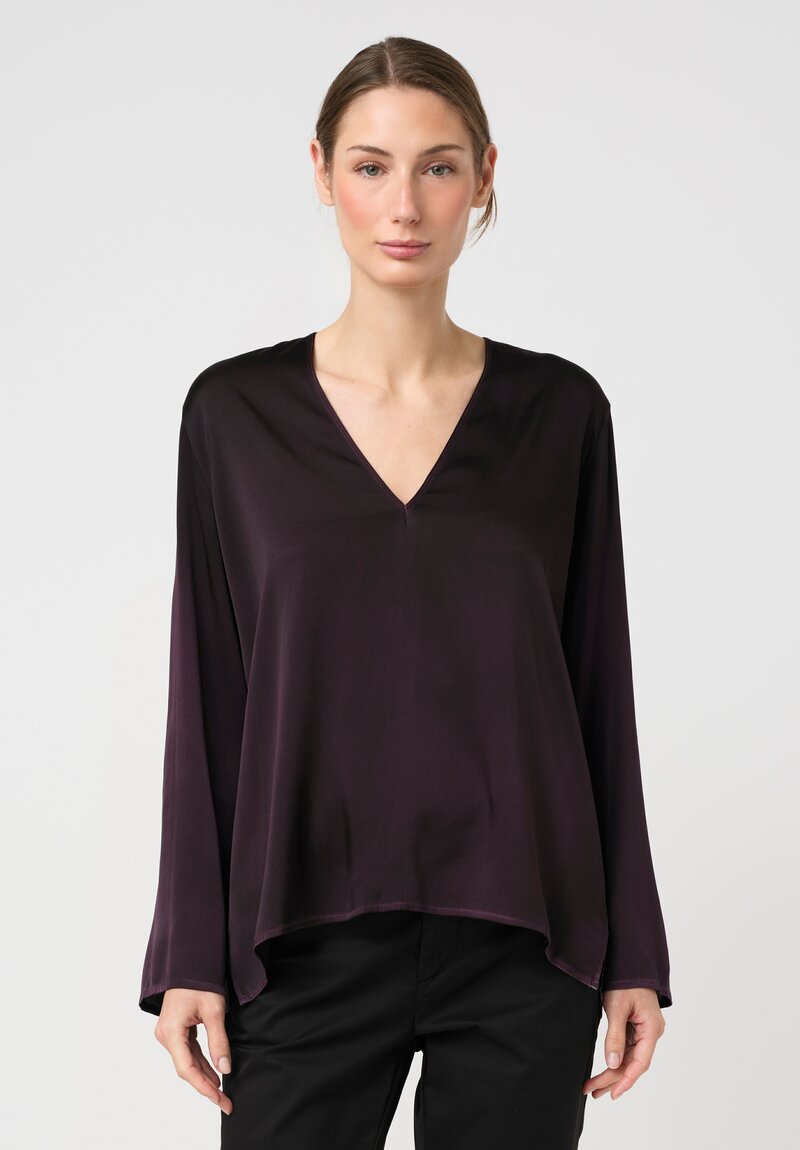 Avant Toi Hand-Painted Silk V-Neck Barchetta Top in Nero Mosto Purple	