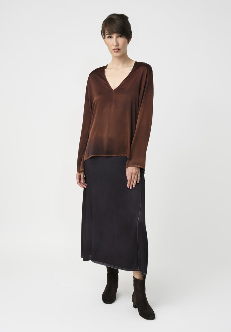Avant Toi Hand-Painted Silk V-Neck Barchetta Top in Nero Brownie Brown	