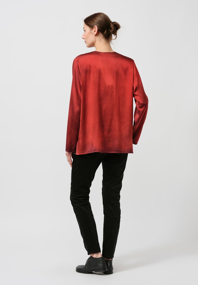 Avant Toi Hand-Painted Silk V-Neck Barchetta Top in Nero Goji Red	