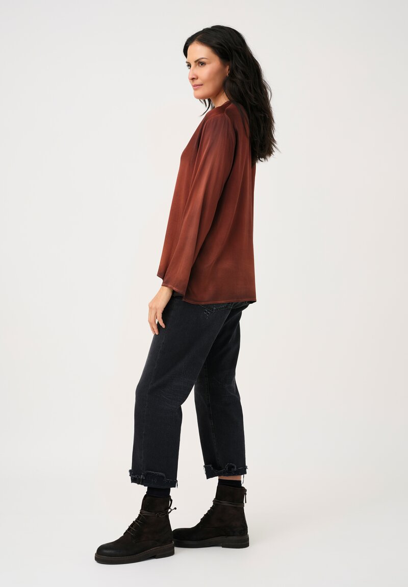 Avant Toi Hand-Painted Silk V-Neck Top in Nero & Cuoio Brown