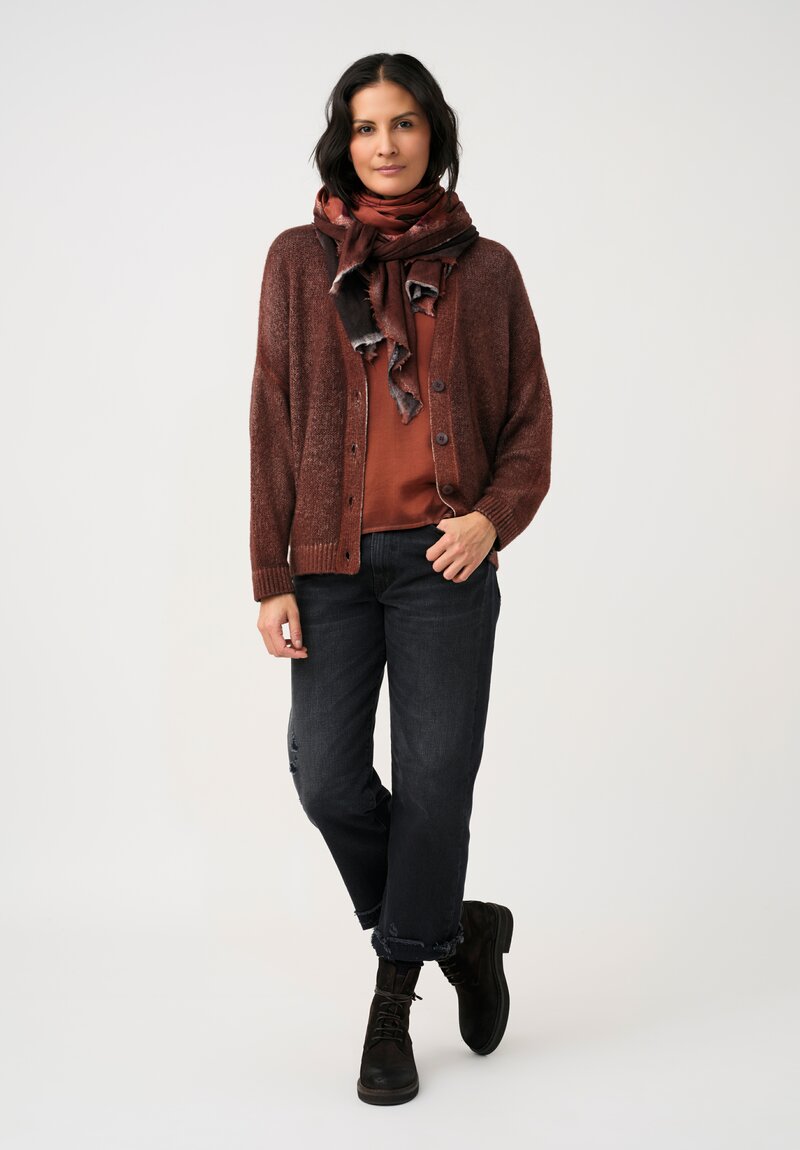 Avant Toi Hand-Painted Silk V-Neck Top in Nero & Cuoio Brown
