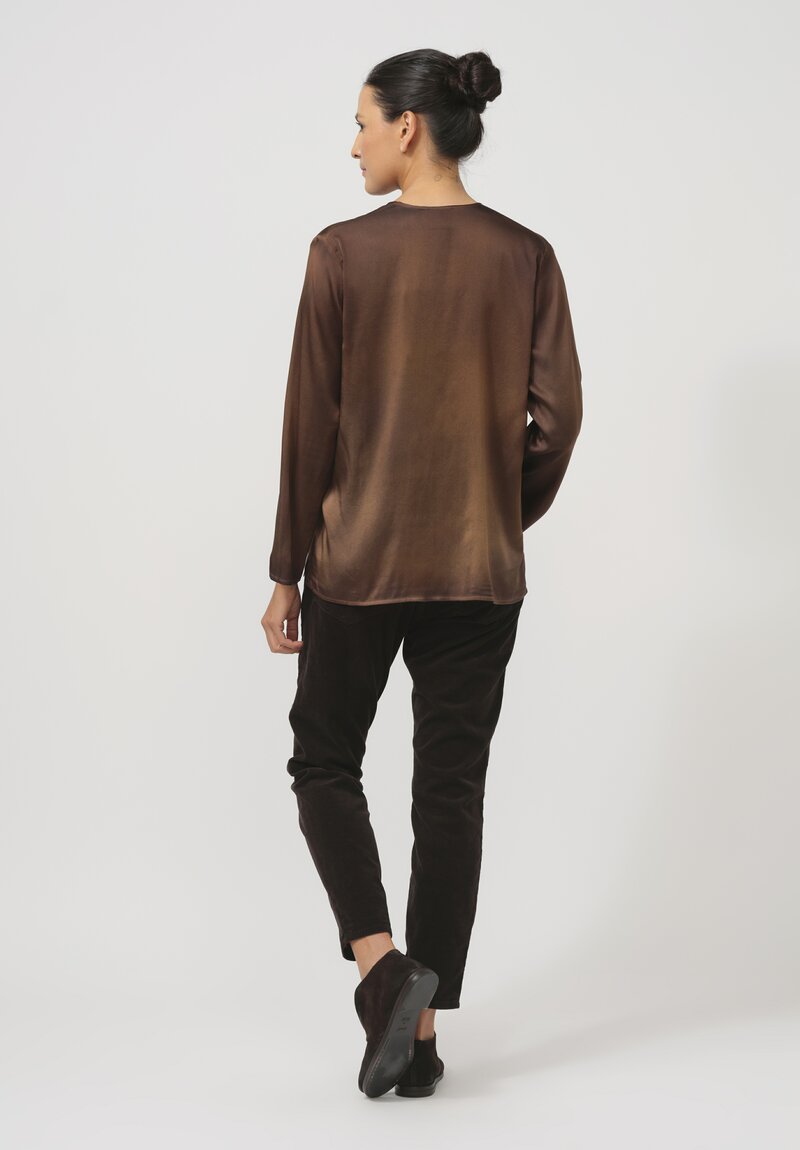 Avant Toi Hand-Painted Silk V-Neck Barchetta Top in Nero Sughero Brown	