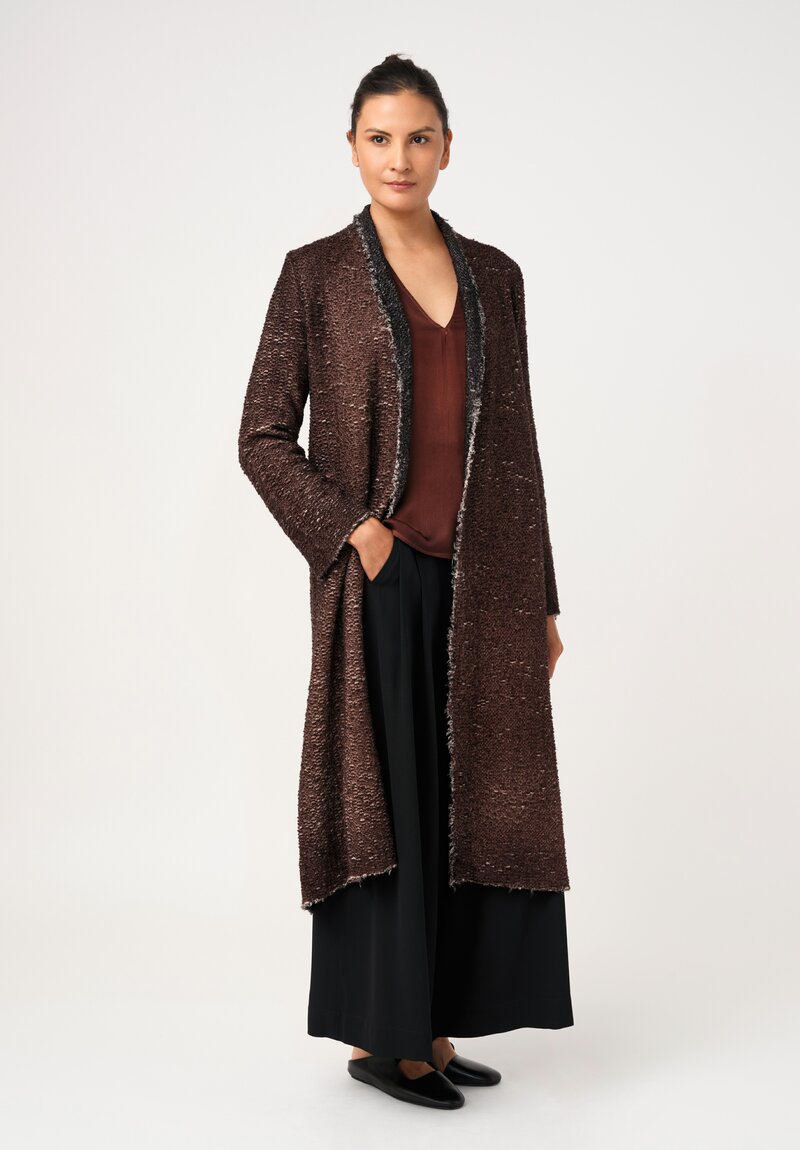 Avant Toi Silk Hand-Painted V-Neck Barchetta Top in Nero & Sughero Brown