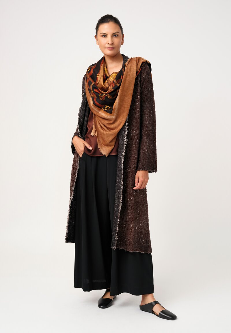 Avant Toi Silk Hand-Painted V-Neck Barchetta Top in Nero & Sughero Brown