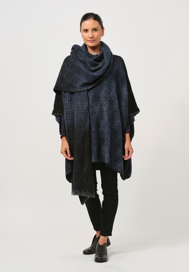 Avant Toi Hand-Painted Diamante Jacquard Poncho in Ombre Fiume Blue	