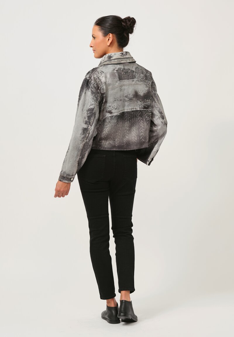 Avant Toi Studded Knit-Back Jean Jacket in Nero Ghiacco Grey	