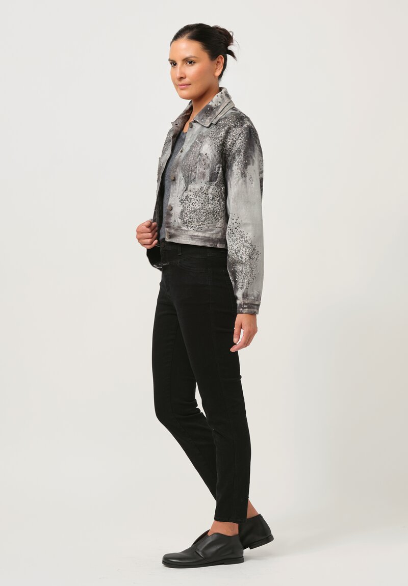 Avant Toi Studded Knit-Back Jean Jacket in Nero Ghiacco Grey	