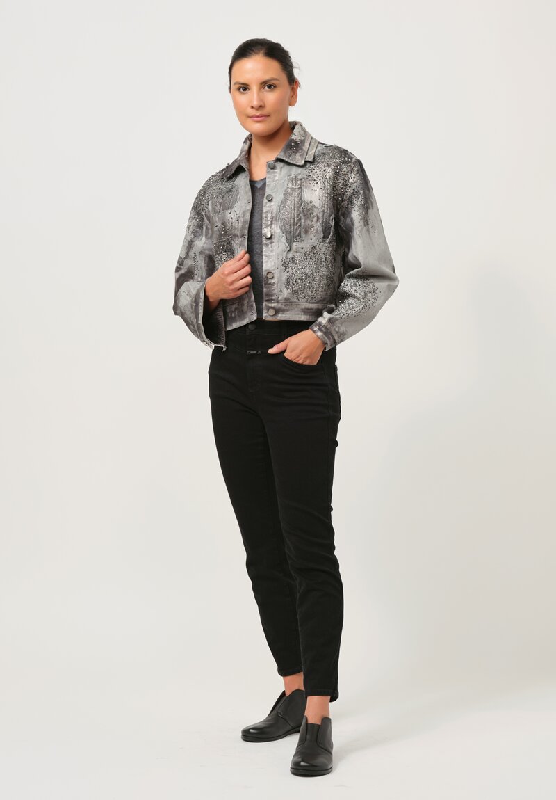 Avant Toi Studded Knit-Back Jean Jacket in Nero Ghiacco Grey	