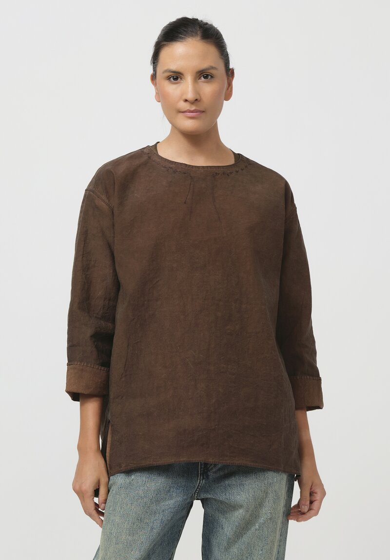 Cottle Silk & Hemp Leaf Vein Basque Shirt in Kakishibu Brown	