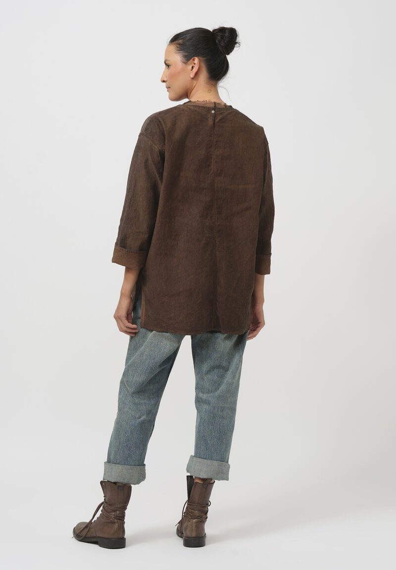 Cottle Silk & Hemp Leaf Vein Basque Shirt in Kakishibu Brown	