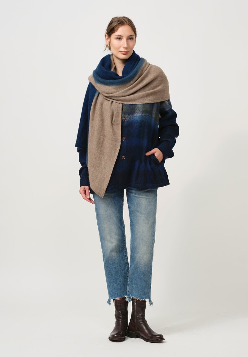 Suzusan Cashmere Shibori Travel Shawl in Blue & Brown Fog	