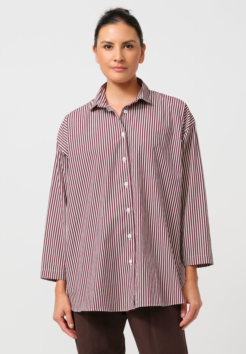 Bergfabel Washed Cotton Poplin Overshirt in Wine Red Stripe	