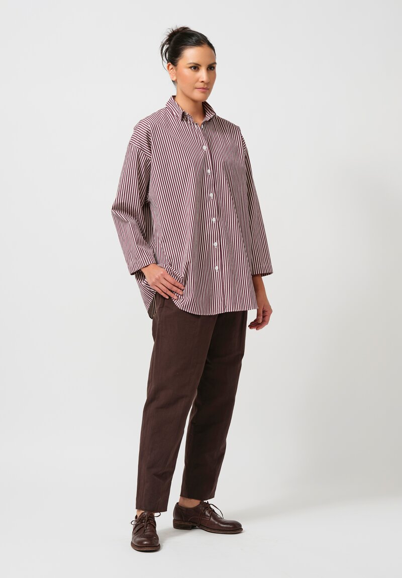 Bergfabel Washed Cotton Poplin Overshirt in Wine Red Stripe	