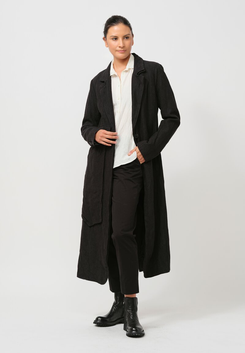 Rundholz Long Linen Overcoat in Black Melange	