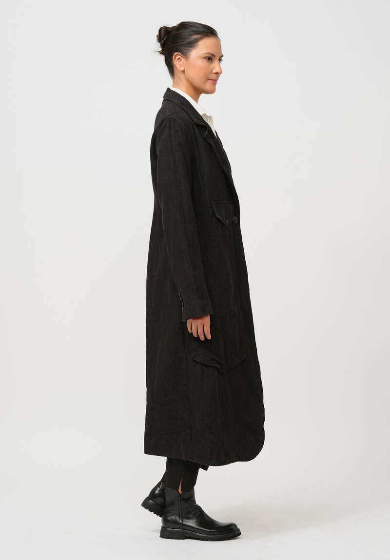 Rundholz Long Linen Overcoat in Black Melange	