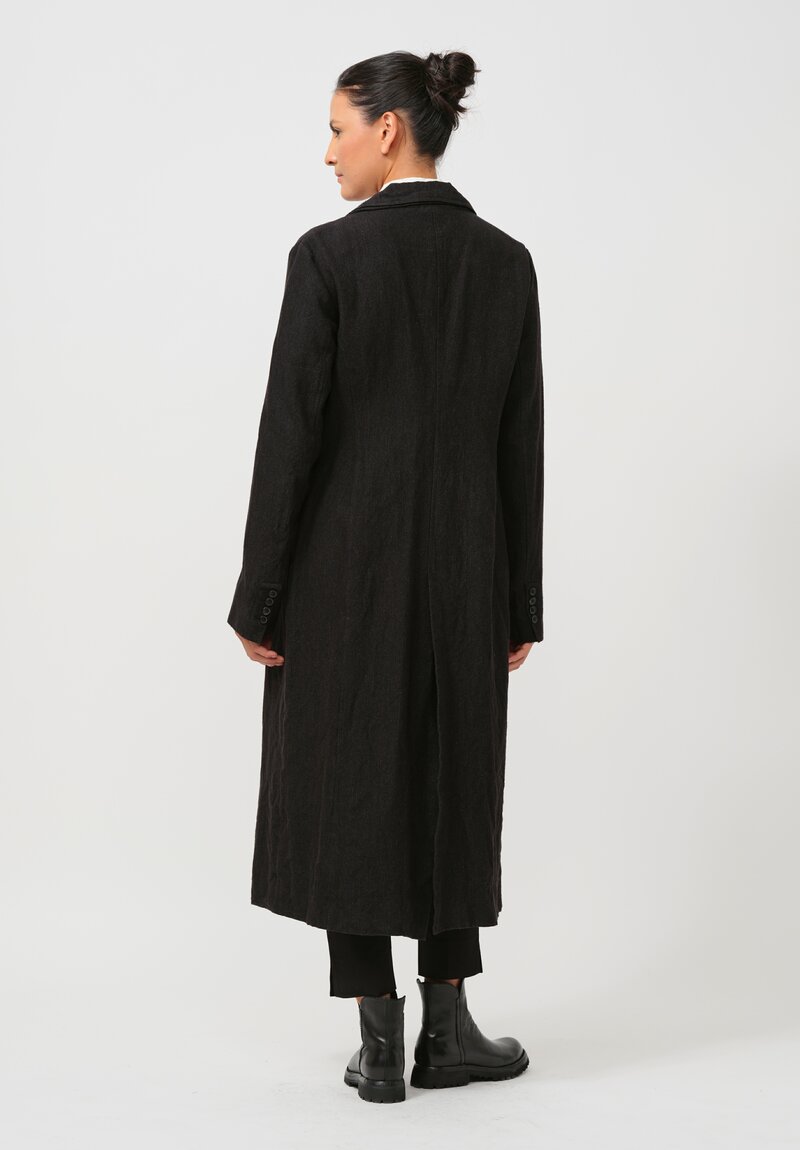 Rundholz Long Linen Overcoat in Black Melange	