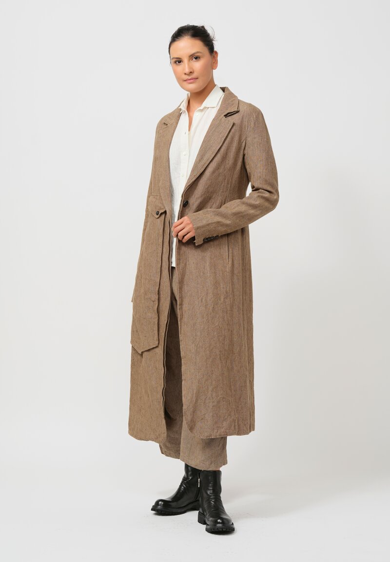 Rundholz Long Linen Overcoat in Camel Brown Melange	