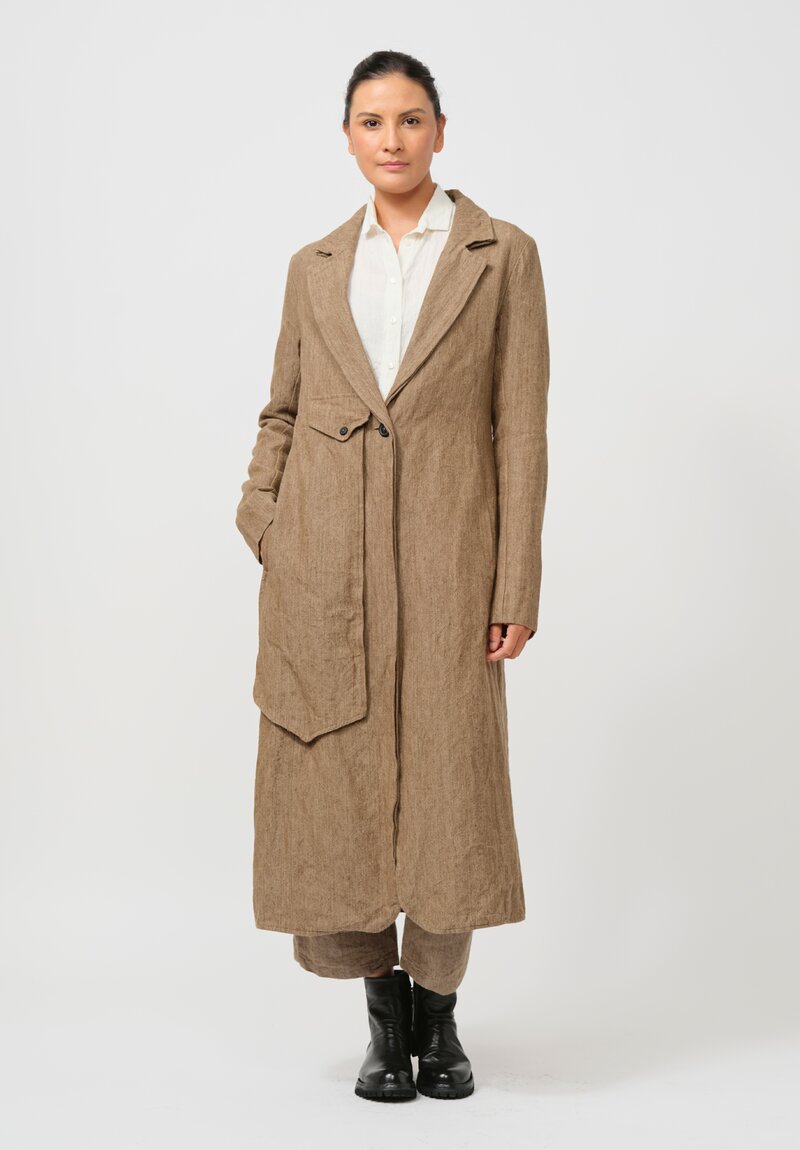 Rundholz Long Linen Overcoat in Camel Brown Melange	