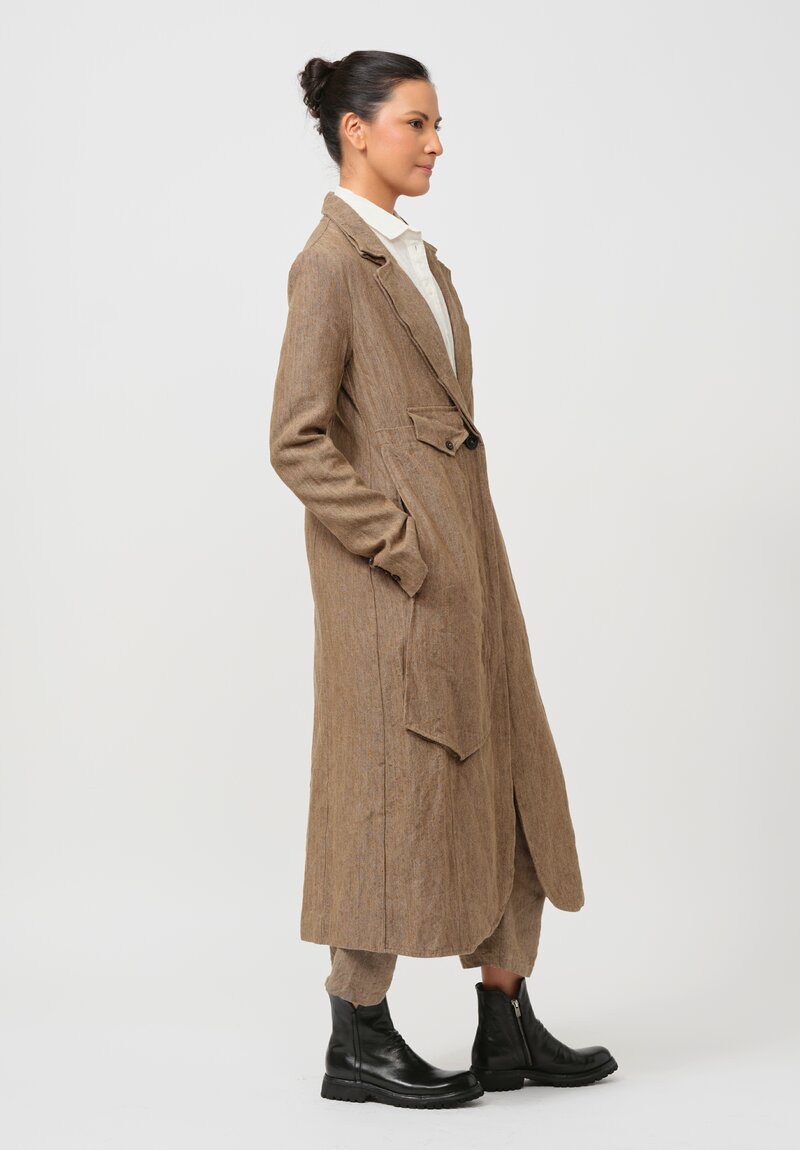 Rundholz Long Linen Overcoat in Camel Brown Melange	