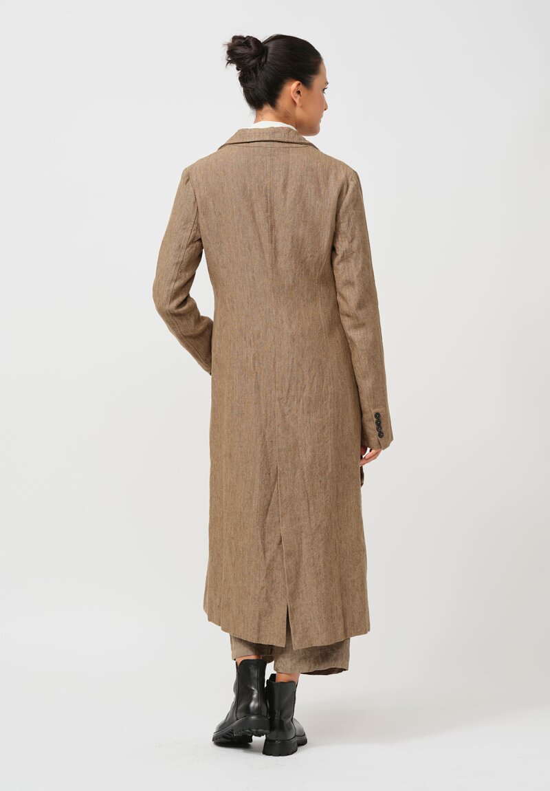 Rundholz Long Linen Overcoat in Camel Brown Melange	