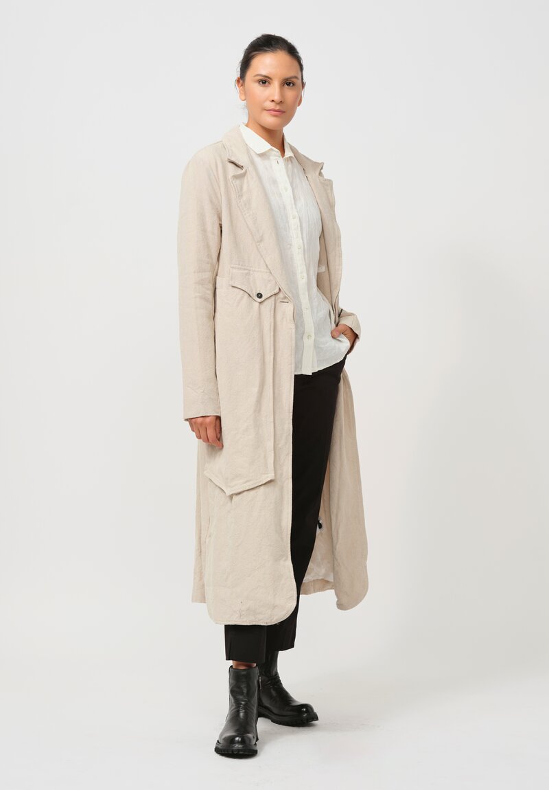 Rundholz Long Linen Overcoat in Bone White Melange	