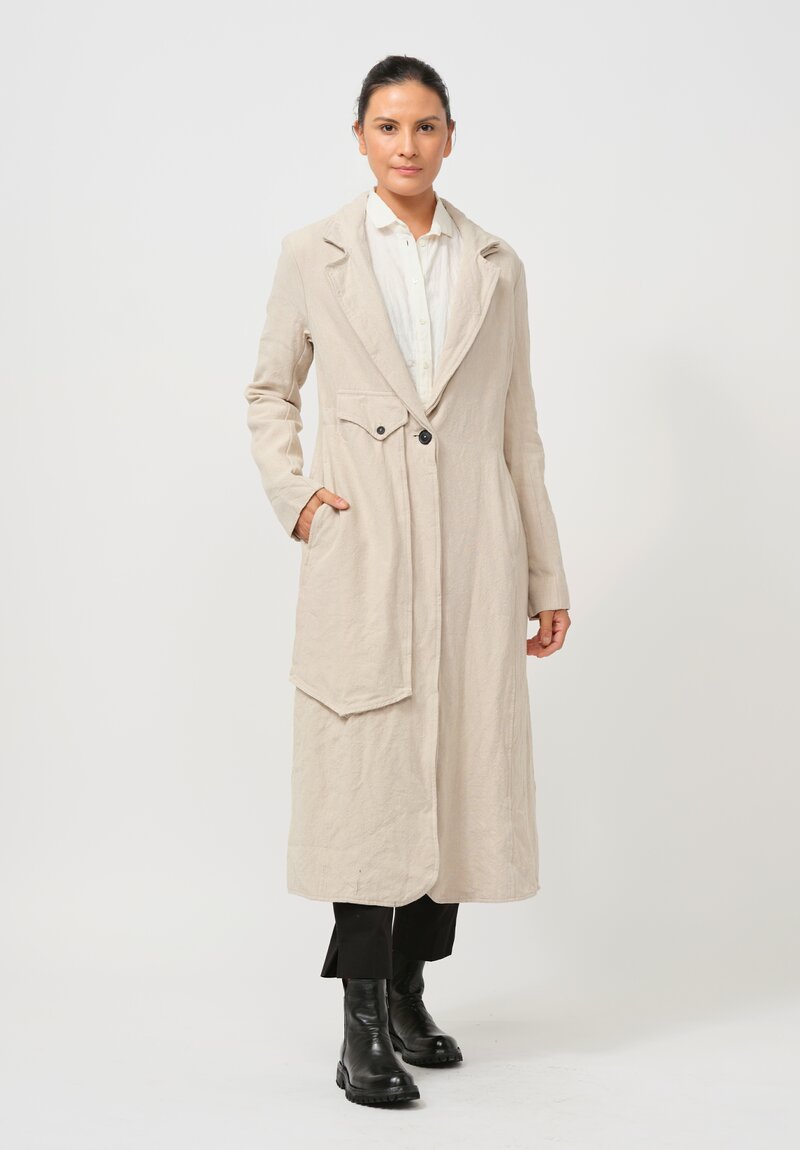 Rundholz Long Linen Overcoat in Bone White Melange	