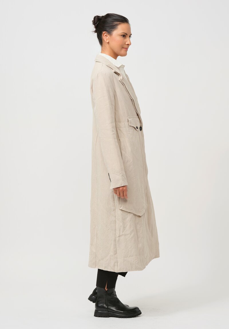 Rundholz Long Linen Overcoat in Bone White Melange	