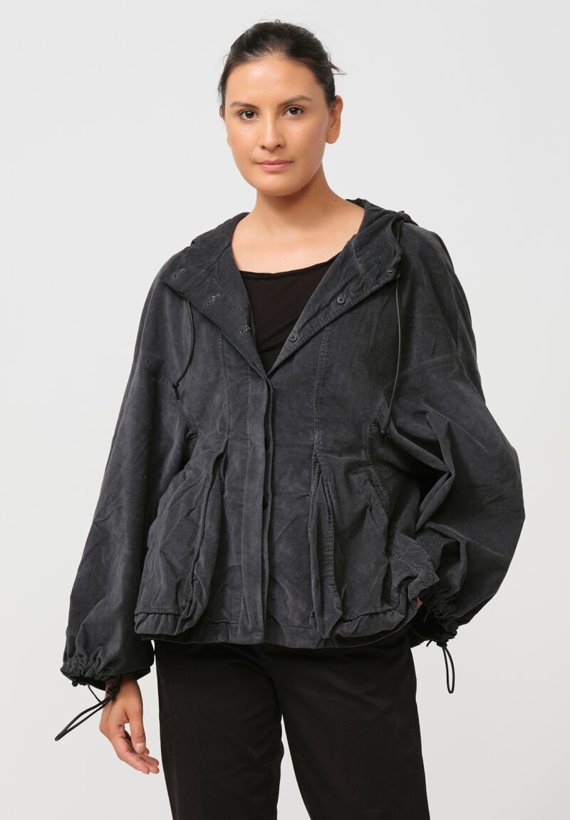 Rundholz Dip Hooded Cotton Velvet Swing Jacket in Coal Cloud Grey	