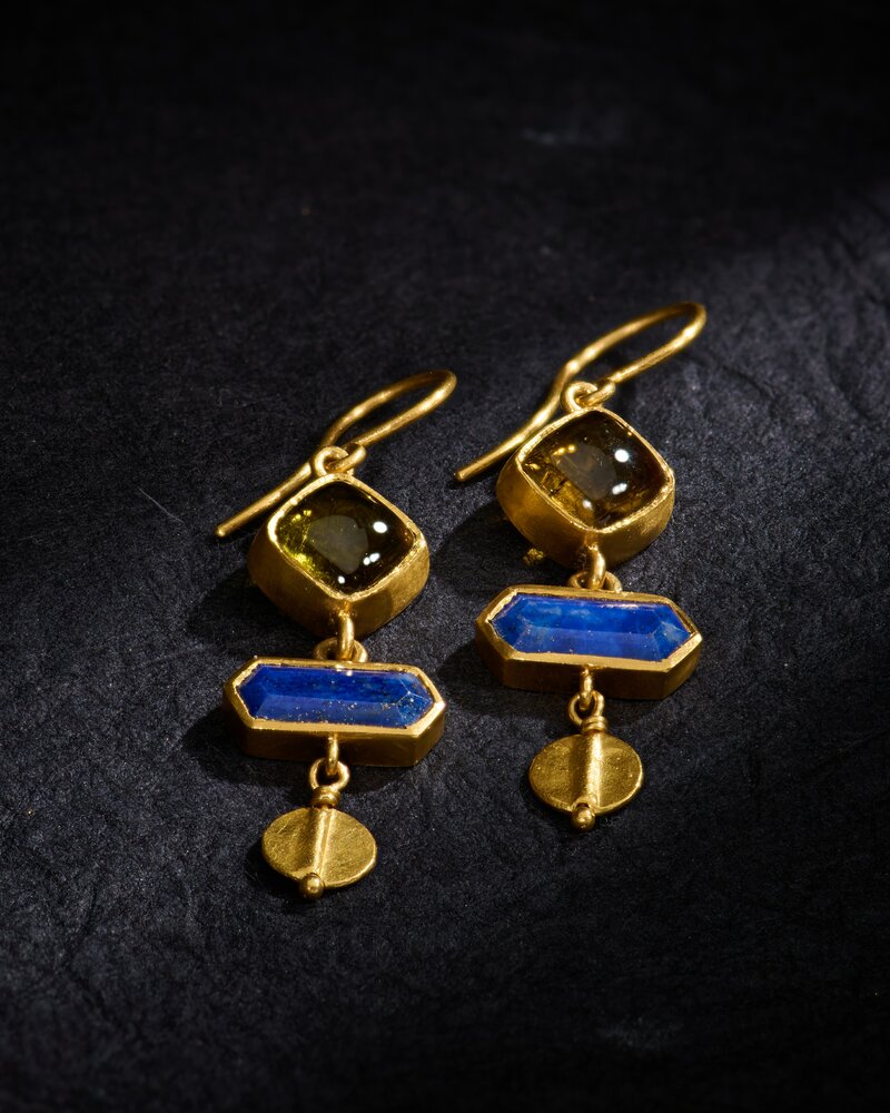 Karen Liberman 24k, Tourmaline and Lapis Lazuli Earrings	