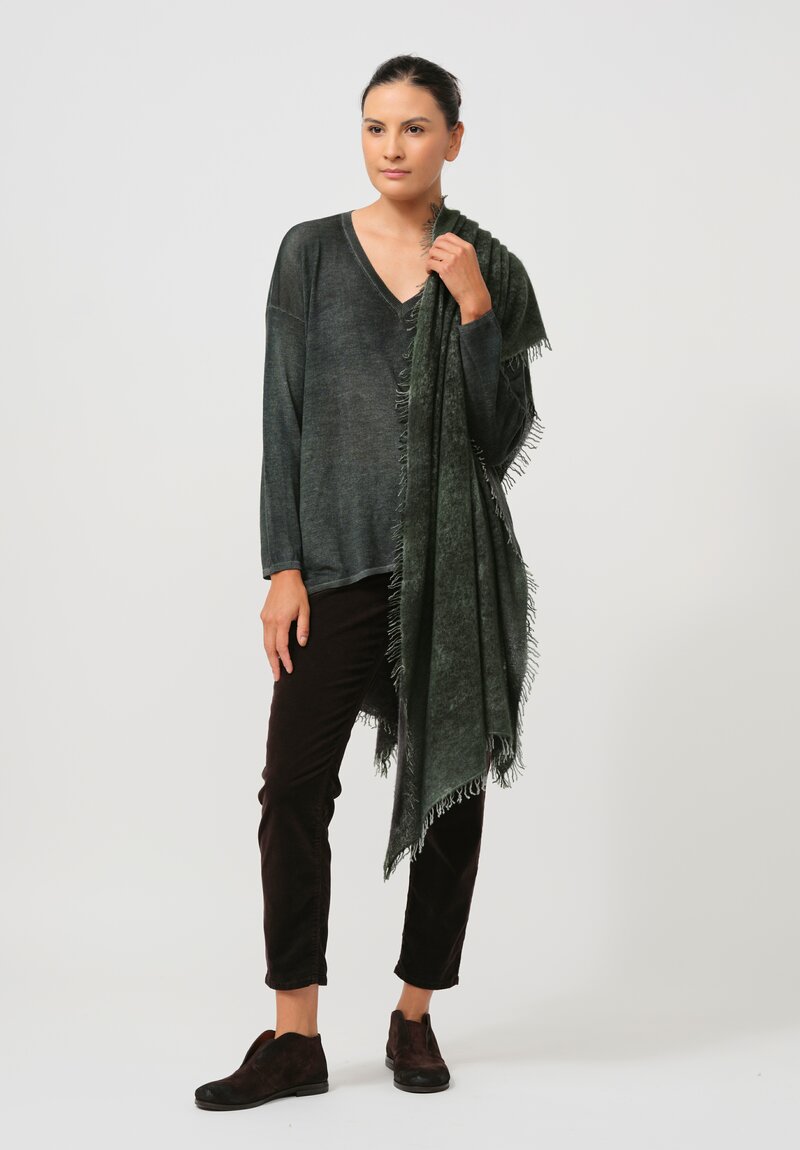 Avant Toi Hand-Painted Cashmere Stola Scarf in Nero Moss Green	