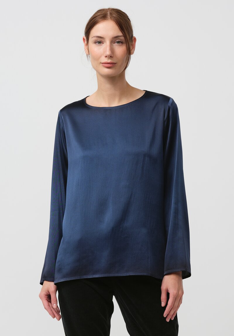 Avant Toi Hand Painted Silk Lunga Barchetta Top in Nero Fiume Blue	