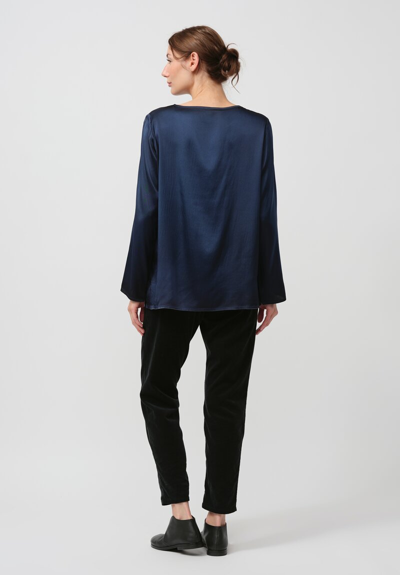 Avant Toi Hand Painted Silk Lunga Barchetta Top in Nero Fiume Blue	