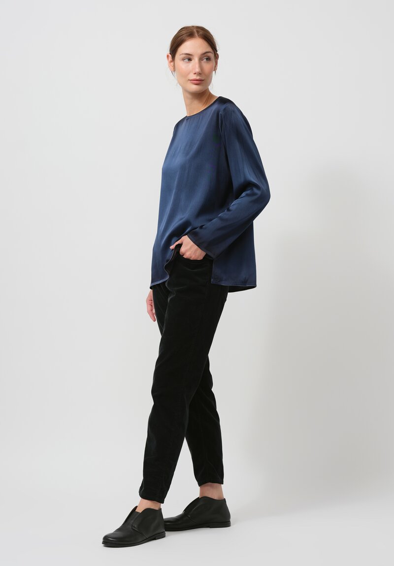 Avant Toi Hand Painted Silk Lunga Barchetta Top in Nero Fiume Blue	