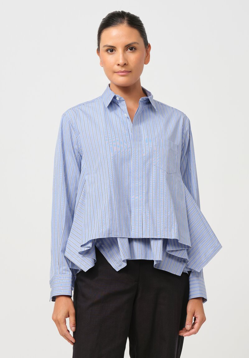 Sacai Cropped Cotton Poplin Swing Shirt in Blue Stripes	