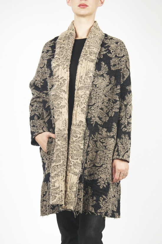 	Uma Wang Jacquard Woven Wool Coat in Black & Beige