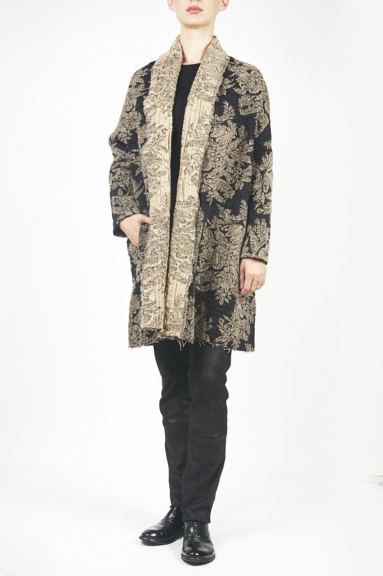 	Uma Wang Jacquard Woven Wool Coat in Black & Beige