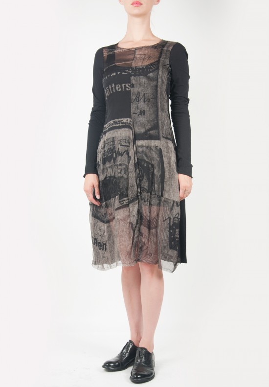 Rundholz Knee Length Sheer Patterned Silk Long Sleeve Dress