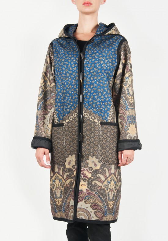 Etro Patterned Wool Toggle Coat in Blue & Taupe