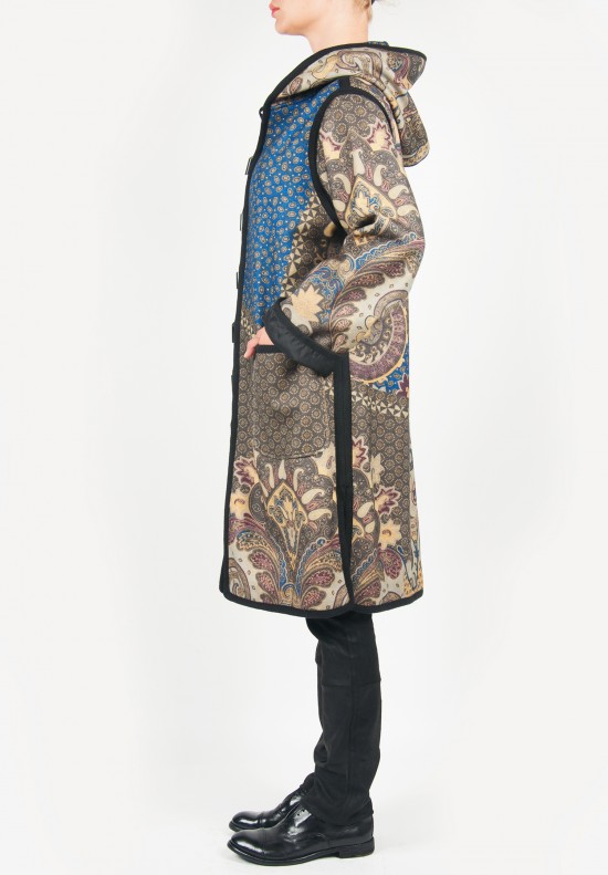 Etro Patterned Wool Toggle Coat in Blue & Taupe