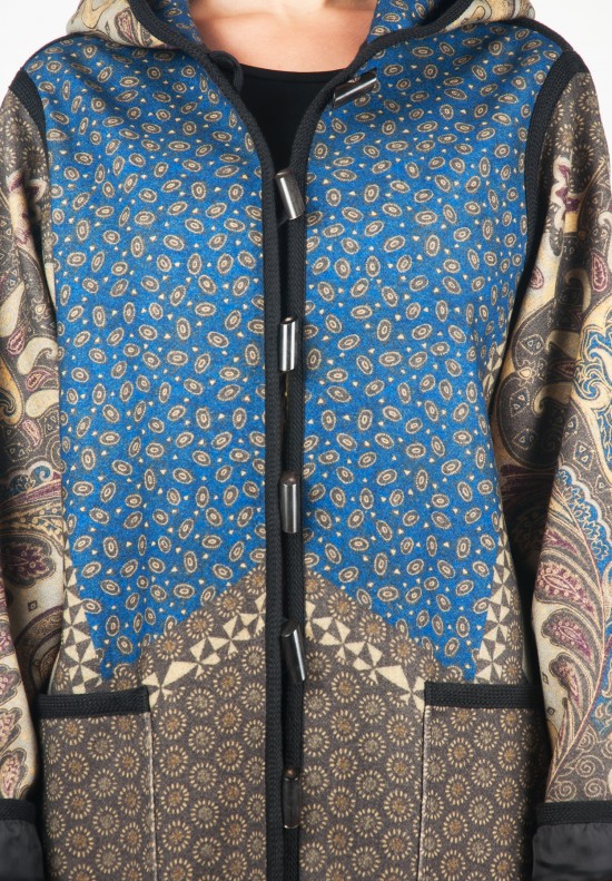 Etro Patterned Wool Toggle Coat in Blue & Taupe