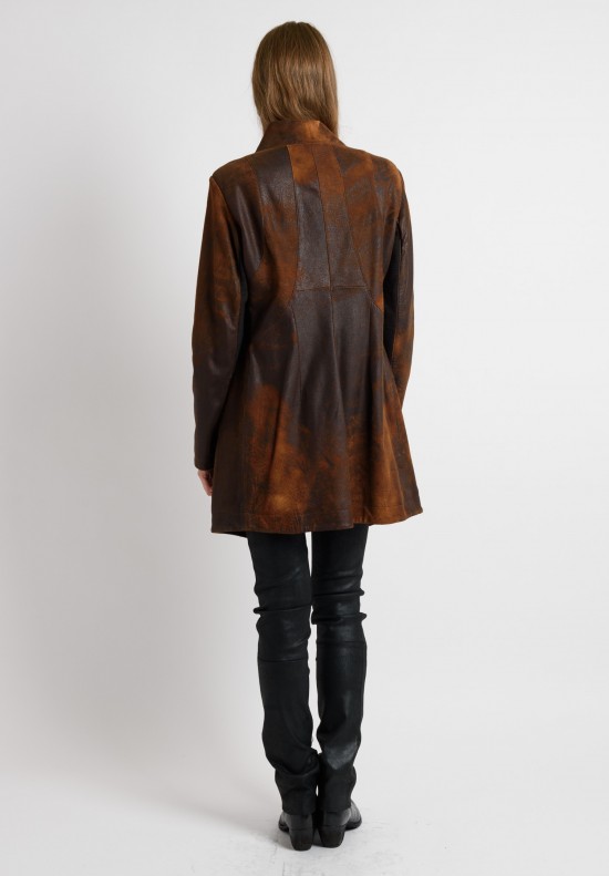 Gimo's Long Distressed Leather Jacket in Brown	