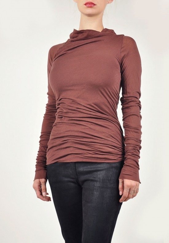 Rick Owens Moody Extra Long Sleeve Fitted Cowl Neck Shirt in Blood