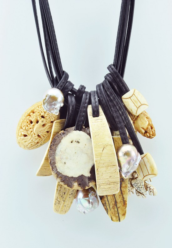 Monies Carved Bone, Mammoth Bone, Antler, Ebony & Pearl Necklace